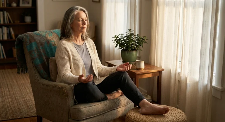 Older woman seated by a window in soft morning light, eyes closed in mindful body-scan practice.