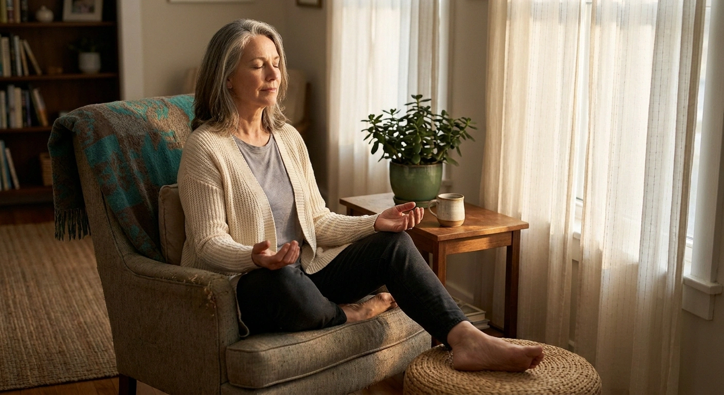 Older woman seated by a window in soft morning light, eyes closed in mindful body-scan practice.