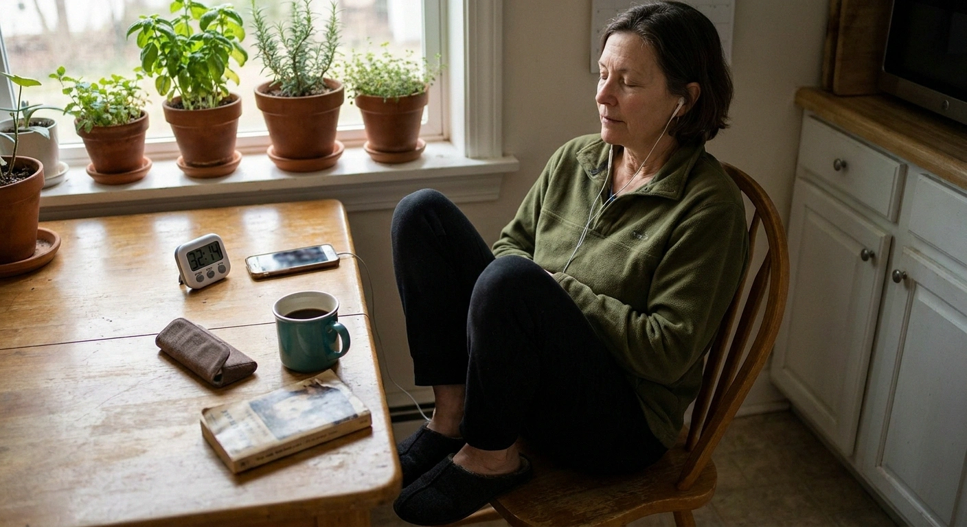 Woman in a kitchen chair listening to a guided meditation through earbuds during her morning practice.