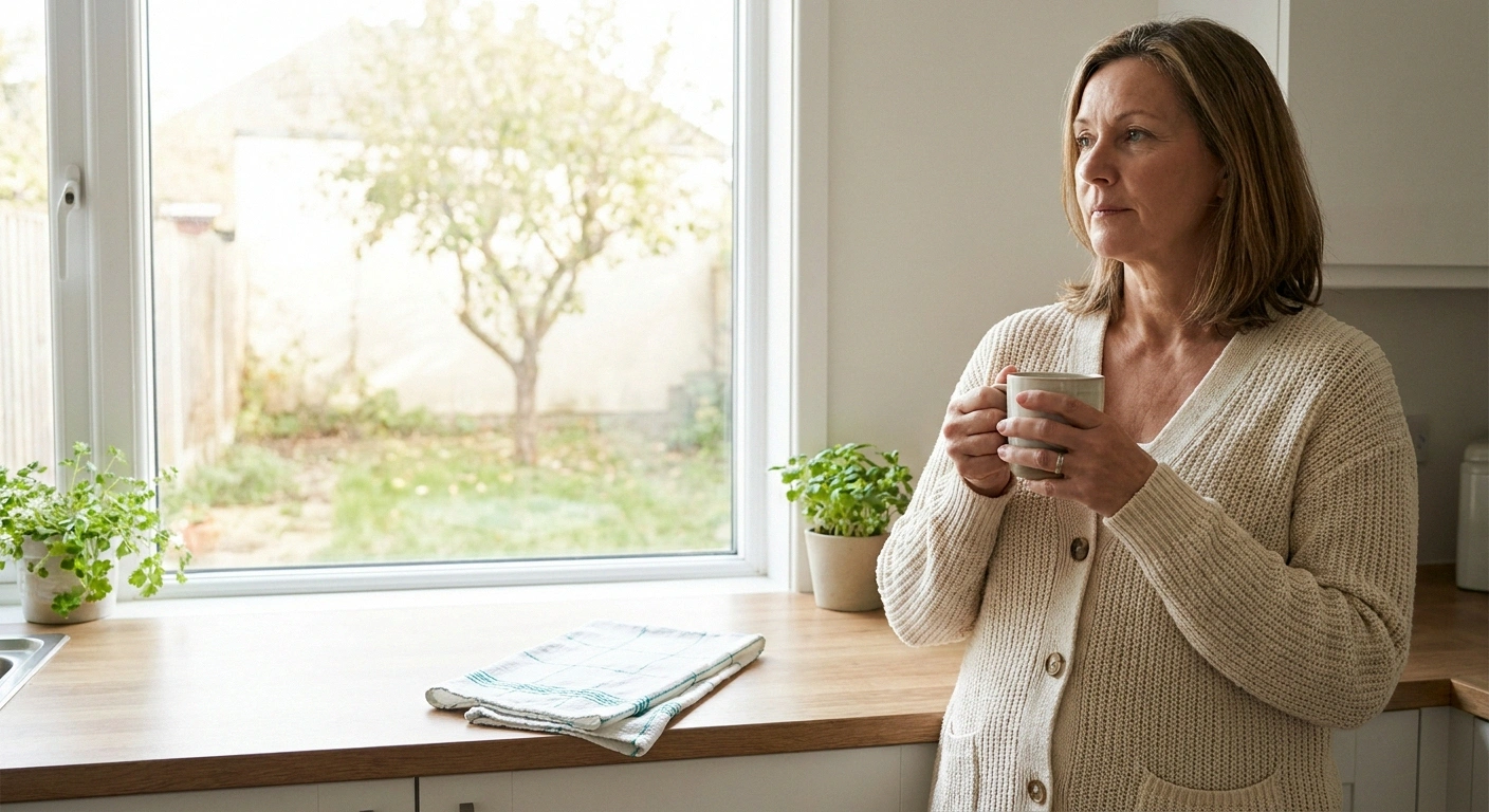 Older woman at a kitchen window holding a mug, contemplative and present after a morning practice.