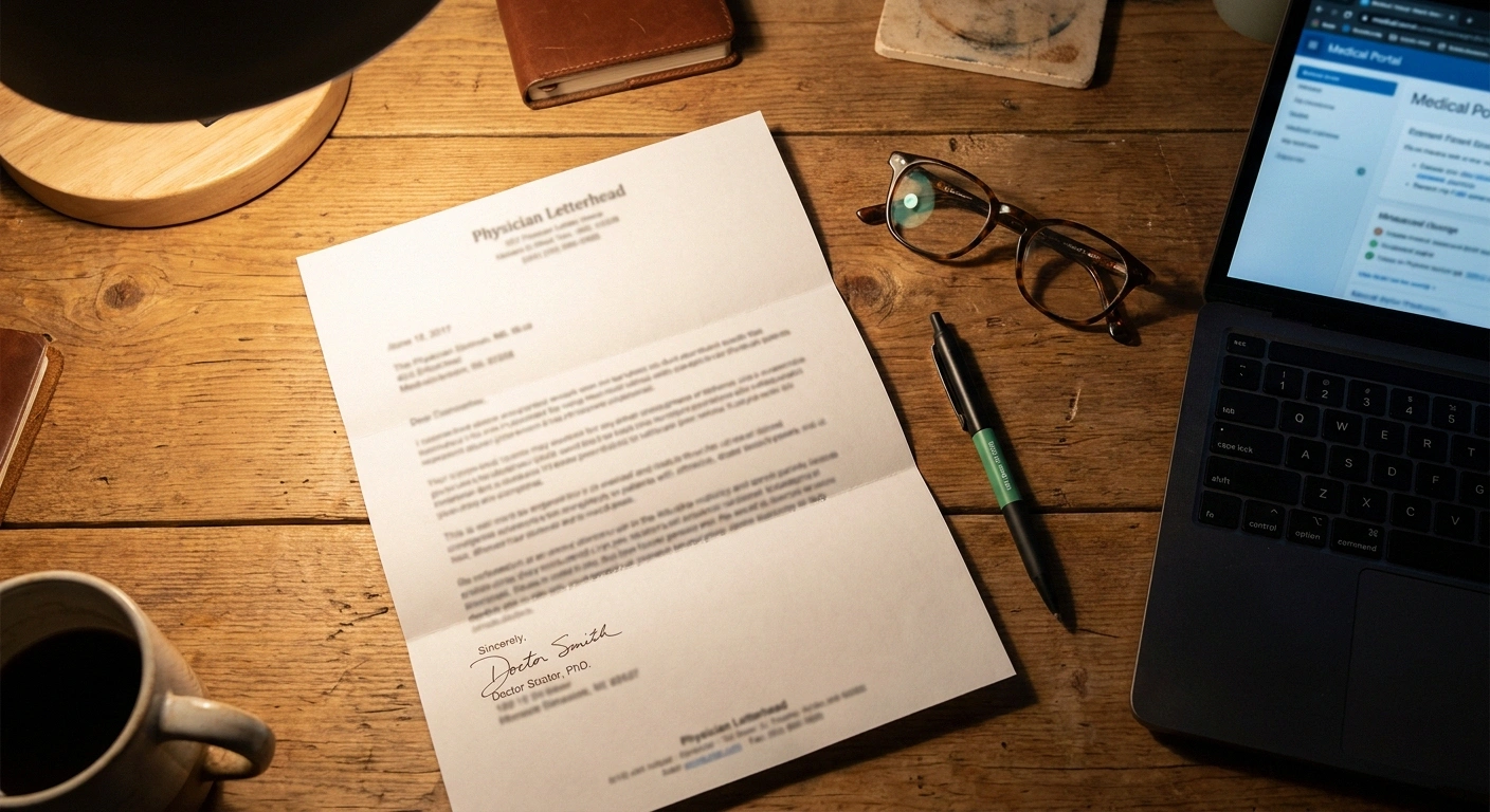 A physician's letter and reading glasses on a wooden desk, suggesting documentation for HSA reimbursement.