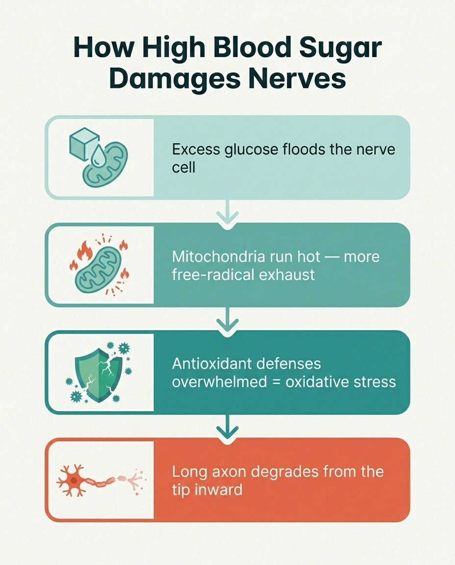Four-step infographic showing how high blood sugar leads through oxidative stress to nerve fiber degradation