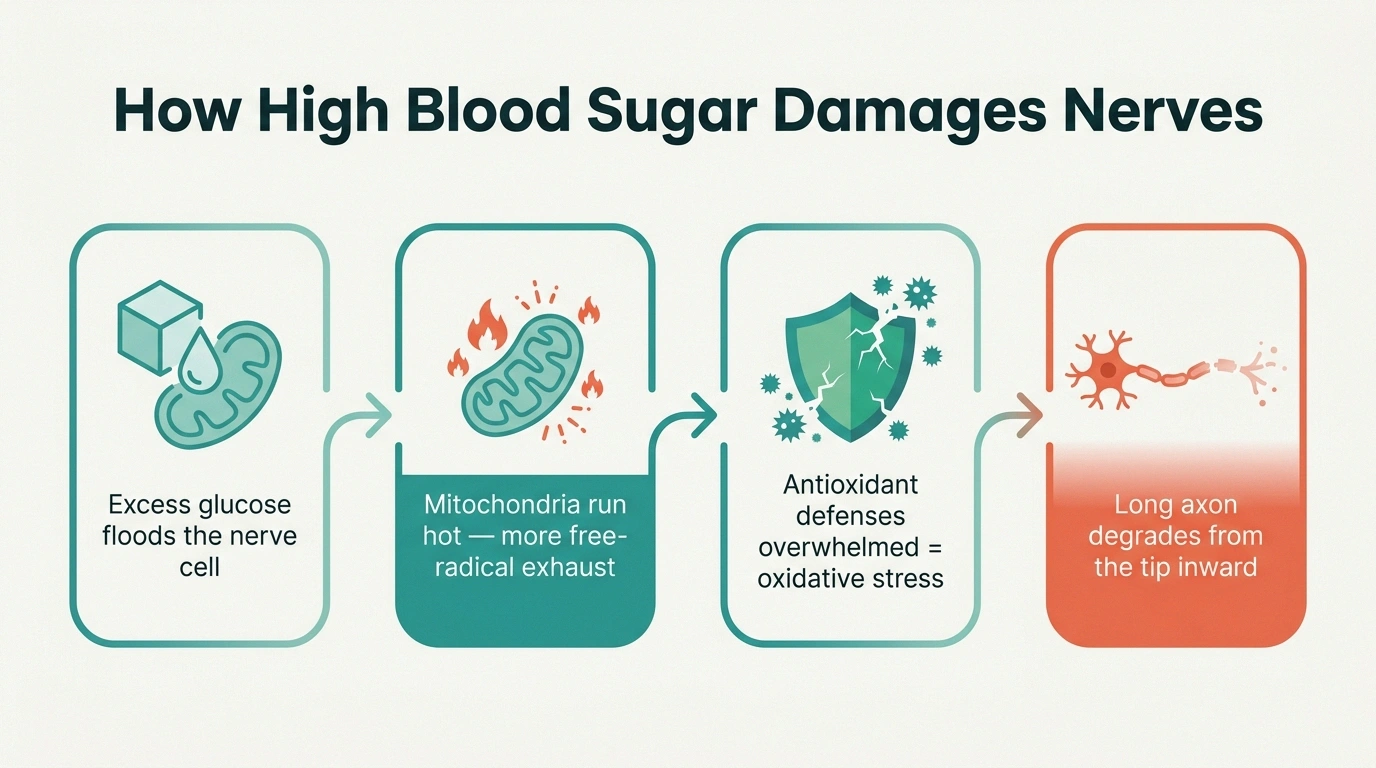 Four-step infographic showing how high blood sugar leads through oxidative stress to nerve fiber degradation