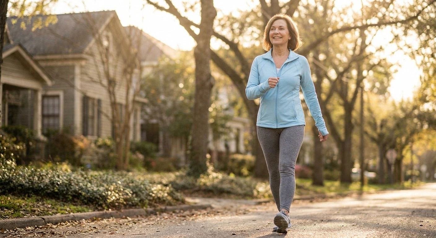 Older woman taking a brisk morning walk on a tree-lined path, illustrating exercise that supports mitochondrial health