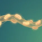 Illustration of a long nerve fiber lined with glowing mitochondria, dimming toward the far end to show energy shortfall