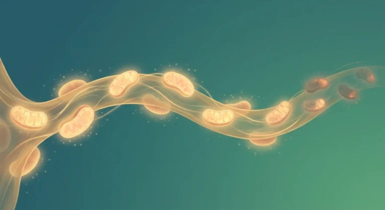 Illustration of a long nerve fiber lined with glowing mitochondria, dimming toward the far end to show energy shortfall