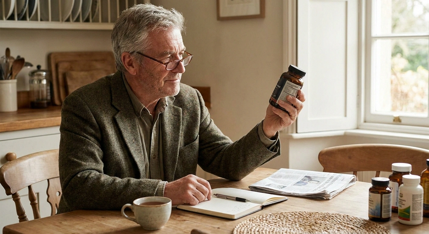 Older man calmly evaluating a supplement label at his kitchen table, illustrating informed, clear-eyed decision making