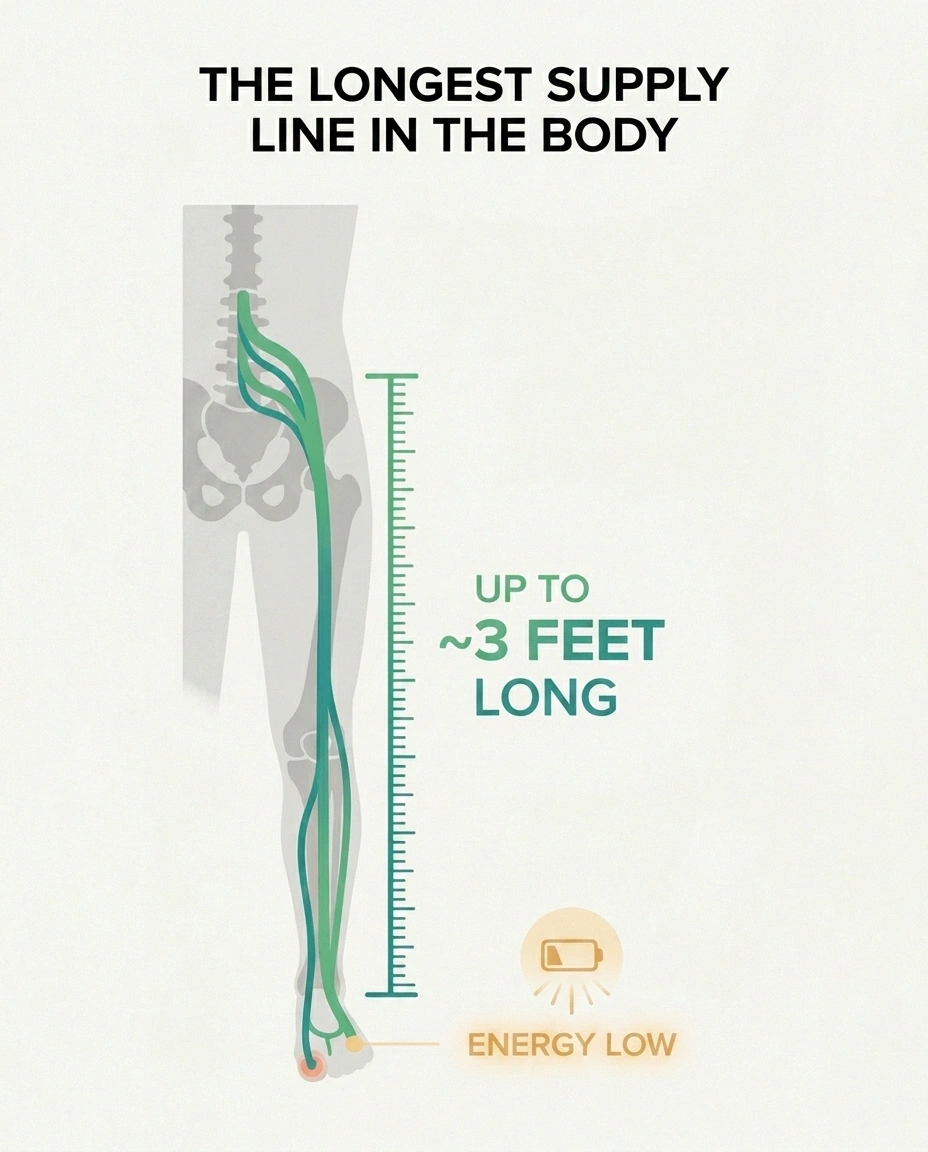 Infographic showing the long nerve path from spine to toe, illustrating why the feet are affected first in neuropathy