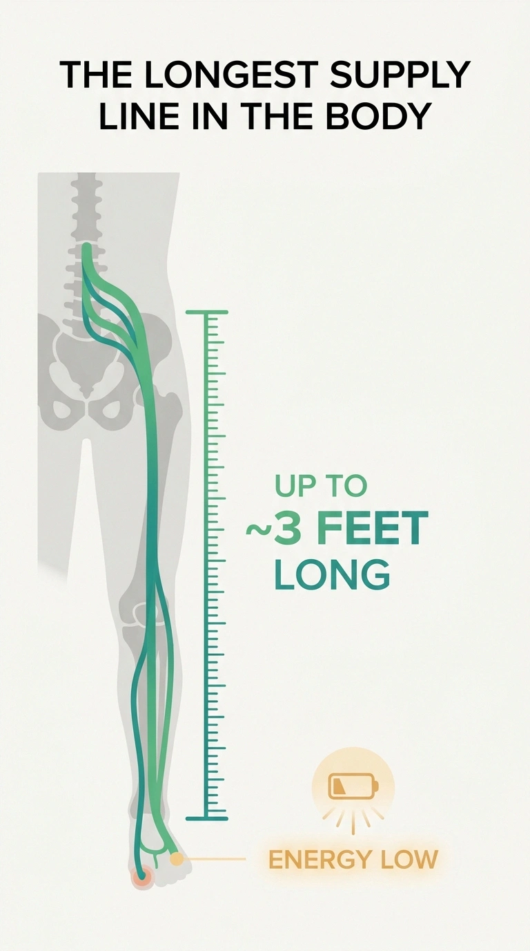 Infographic showing the long nerve path from spine to toe, illustrating why the feet are affected first in neuropathy
