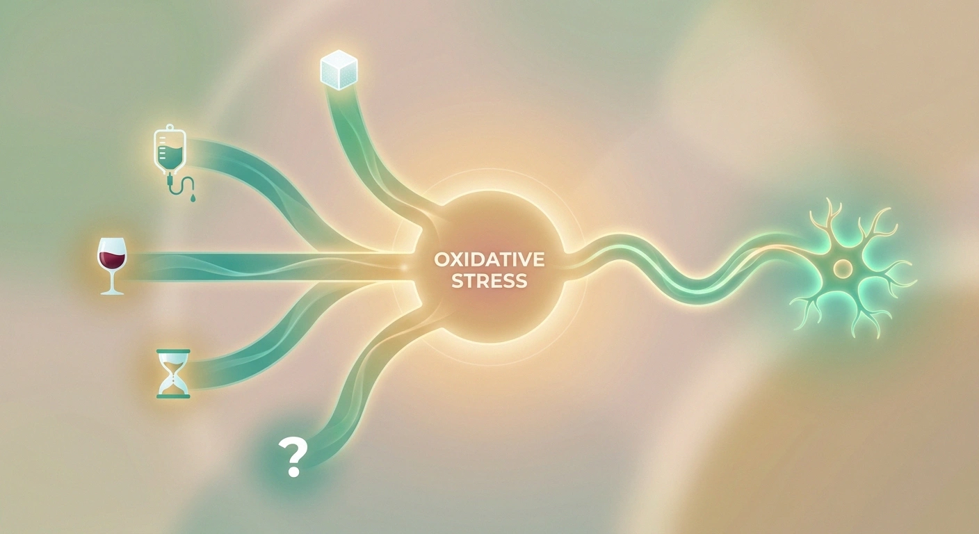 Conceptual illustration of several causes of neuropathy converging on a single oxidative stress hub leading to nerve damage