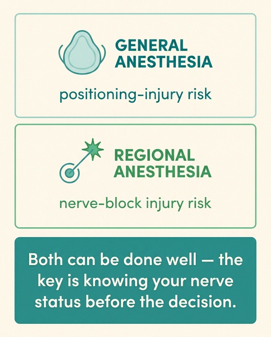 Infographic comparing the nerve-injury risk profiles of general anesthesia vs regional anesthesia in a patient with pre-existing neuropathy.
