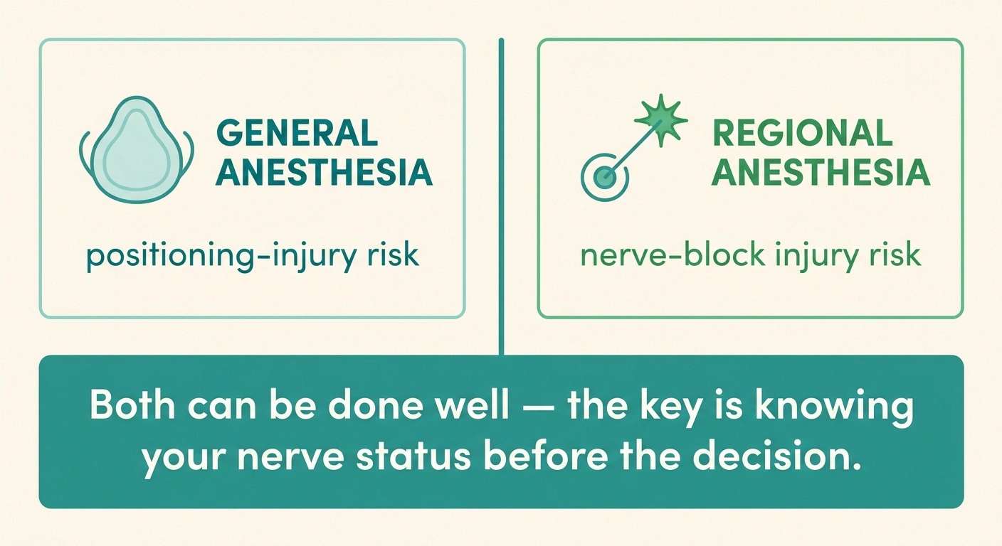 Infographic comparing the nerve-injury risk profiles of general anesthesia vs regional anesthesia in a patient with pre-existing neuropathy.