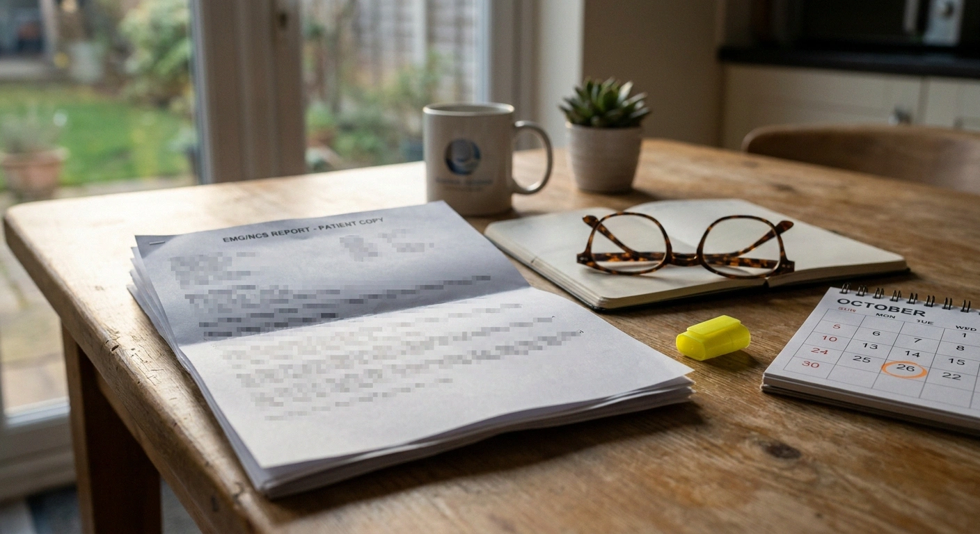 A patient's recent EMG report and reading glasses on a home desk, ready to be brought to a pre-operative appointment.