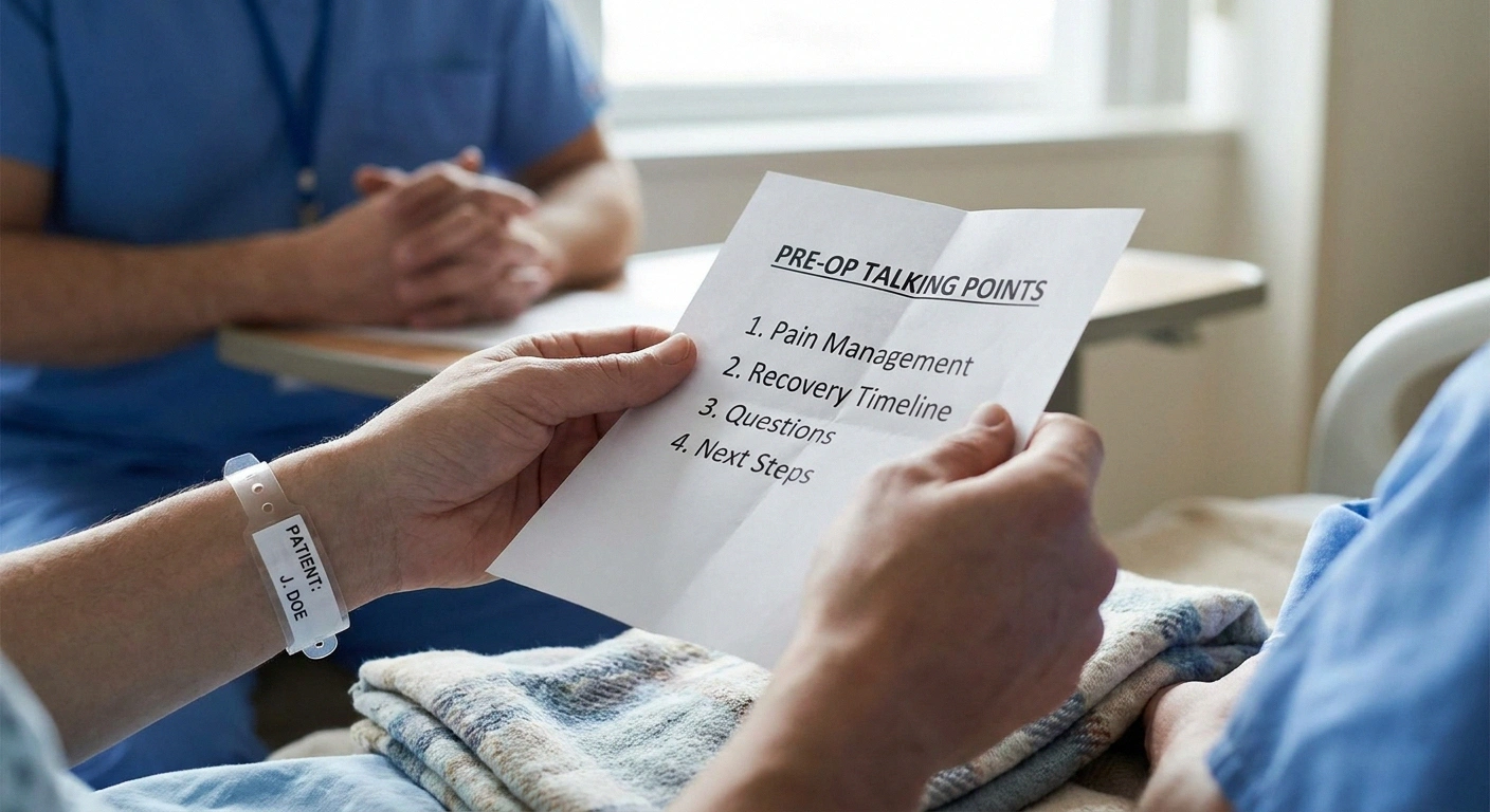 A patient in the pre-op holding area holds a short printed script of talking points to share with the anesthesiologist.
