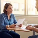 A patient with neuropathy hands a one-page medical summary to her anesthesiologist during a pre-operative consultation.