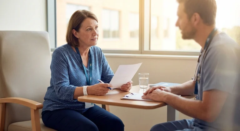 A patient with neuropathy hands a one-page medical summary to her anesthesiologist during a pre-operative consultation.