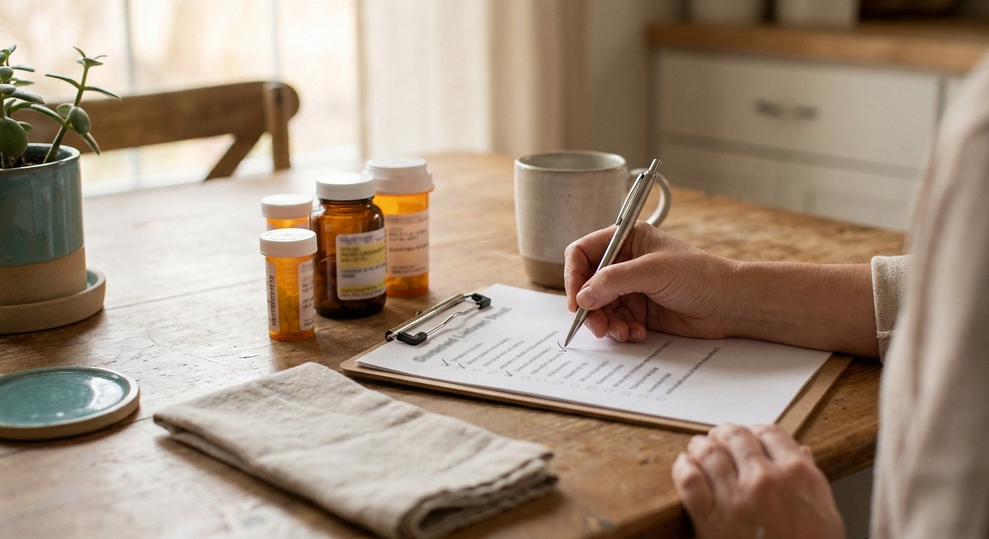A patient reviews and ticks off her neuropathy medication list in preparation for an upcoming surgery.