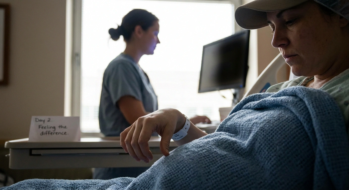 A patient in post-operative recovery deliberately checks finger sensation and movement to catch any new nerve symptoms early.