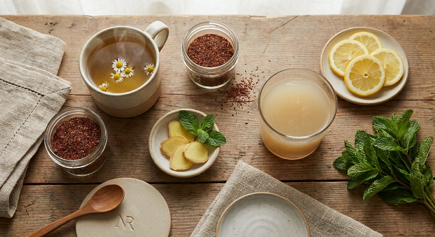 Caffeine-free morning alternatives — chamomile, rooibos, ginger, bone broth, lemon, and mint arranged on a wooden surface.