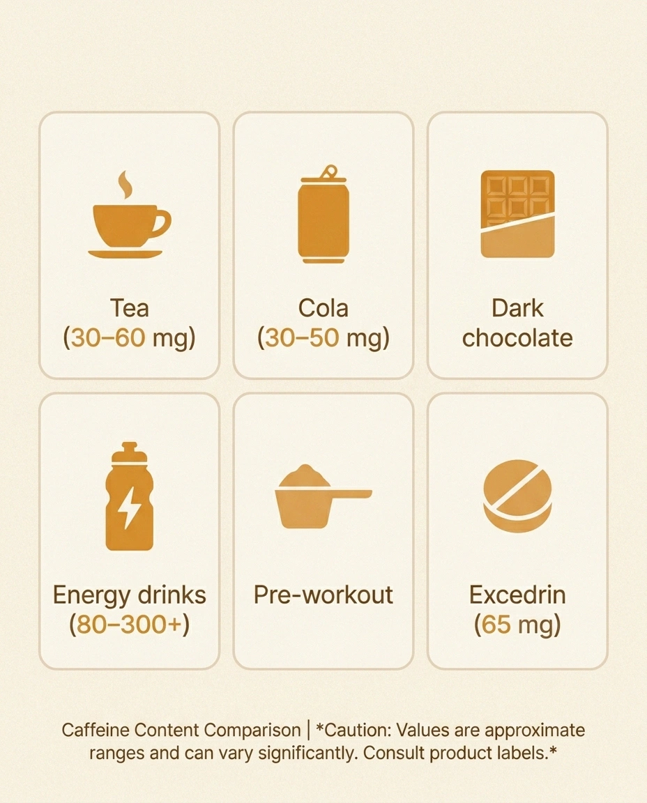 Infographic of common hidden caffeine sources — tea, cola, dark chocolate, energy drinks, pre-workout, and OTC pain medications.