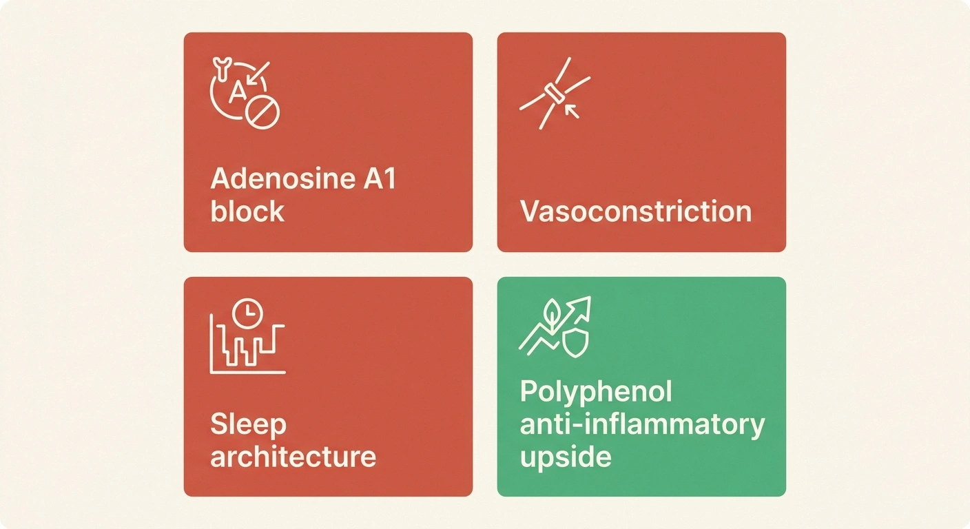 Infographic showing the four ways caffeine affects nerve pain — adenosine receptors, vasoconstriction, sleep, and polyphenols.