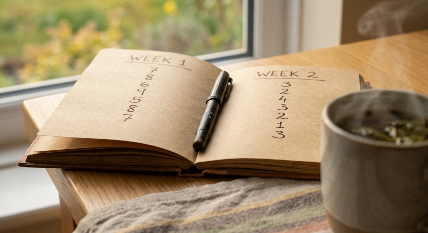 A handwritten symptom journal showing two weeks of pain ratings comparing normal caffeine intake to a caffeine-free week.