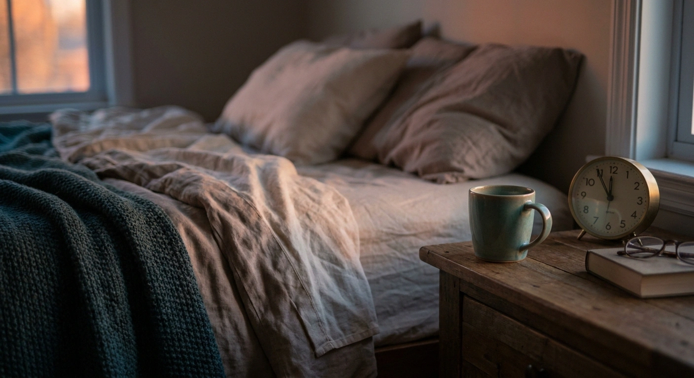 A bedside scene at 11 p.m. with an empty coffee mug on the nightstand, illustrating caffeine's long half-life and its effect on sleep.