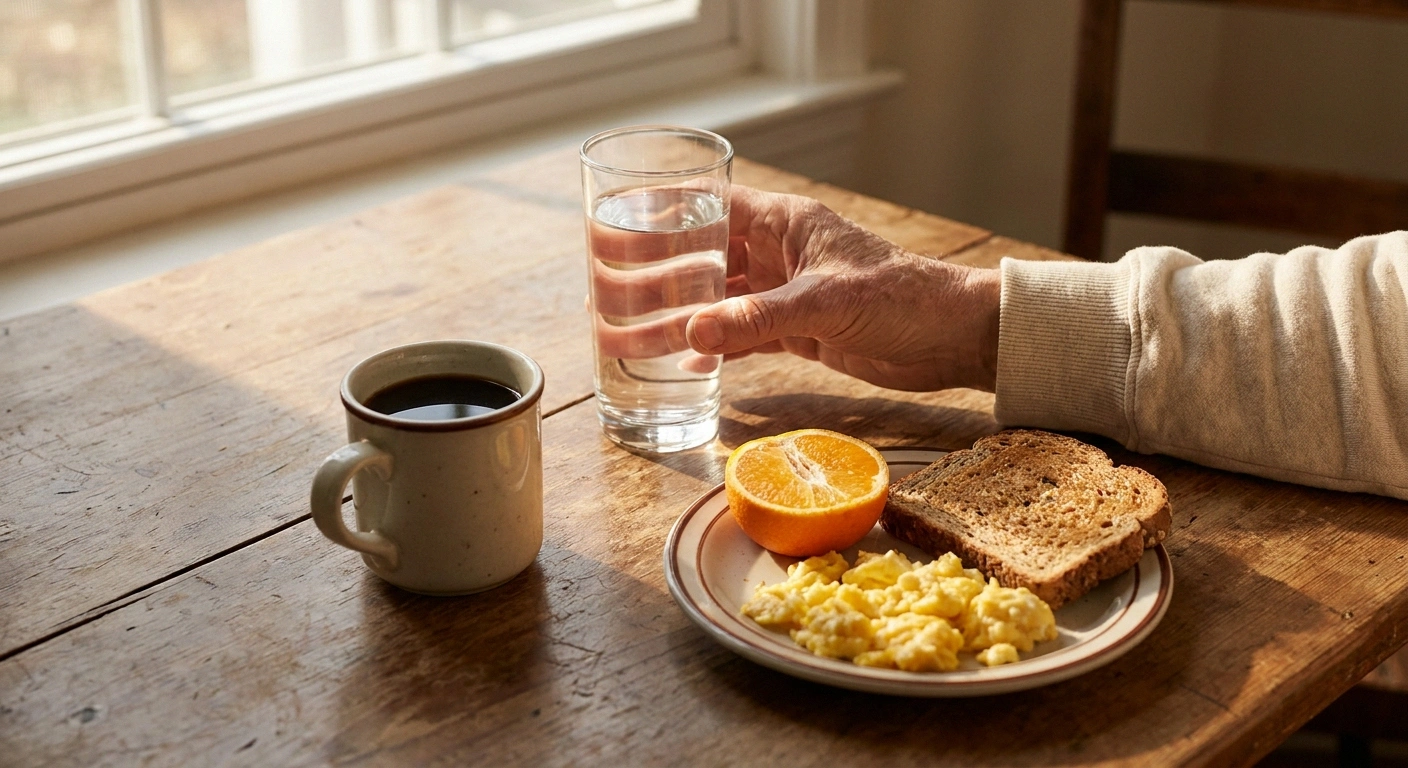 A small cup of coffee paired with a glass of water and a balanced breakfast, illustrating smarter caffeine habits for neuropathy.