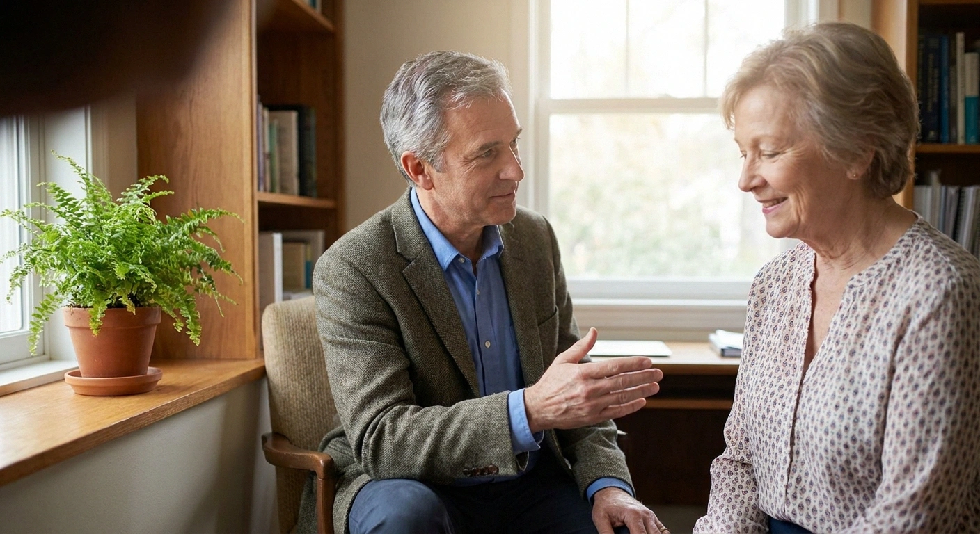 A doctor reassuringly explaining treatable causes to an attentive older patient