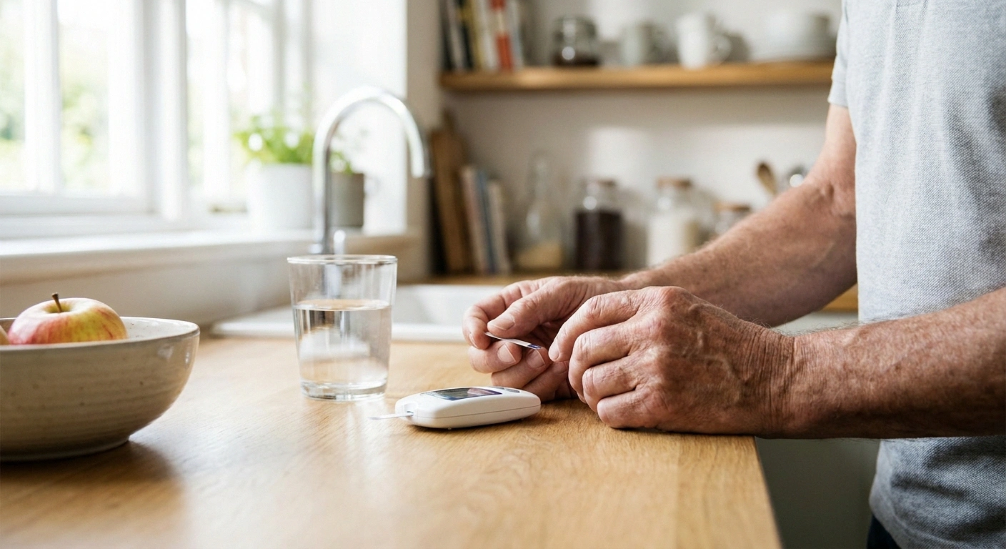 Older person calmly checking blood sugar with a home glucose meter at a kitchen counter