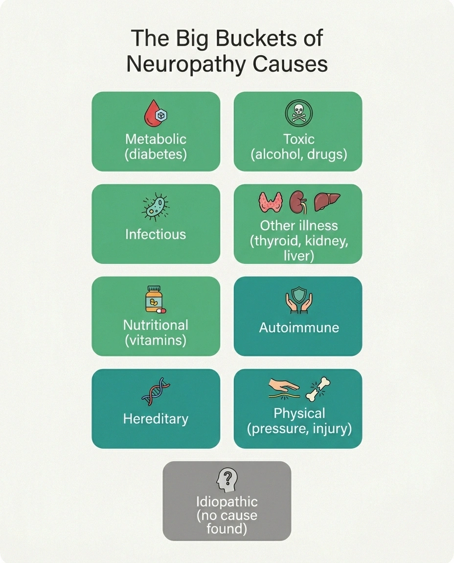 Infographic showing the major categories doctors use to organize the causes of neuropathy