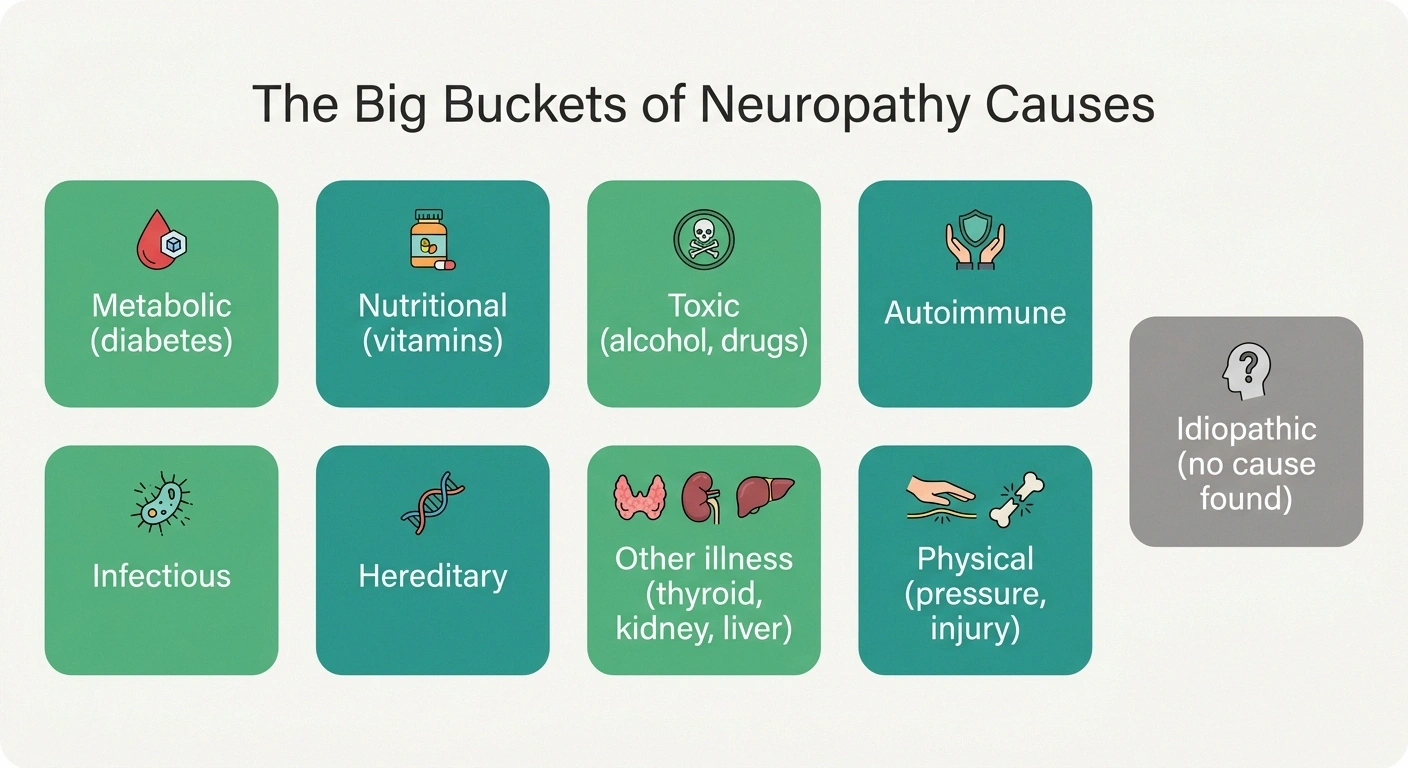 Infographic showing the major categories doctors use to organize the causes of neuropathy