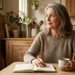 Woman sitting thoughtfully at a kitchen table with a notebook, seeking to understand her diagnosis