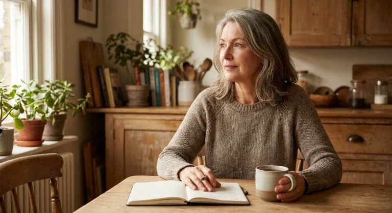 Woman sitting thoughtfully at a kitchen table with a notebook, seeking to understand her diagnosis