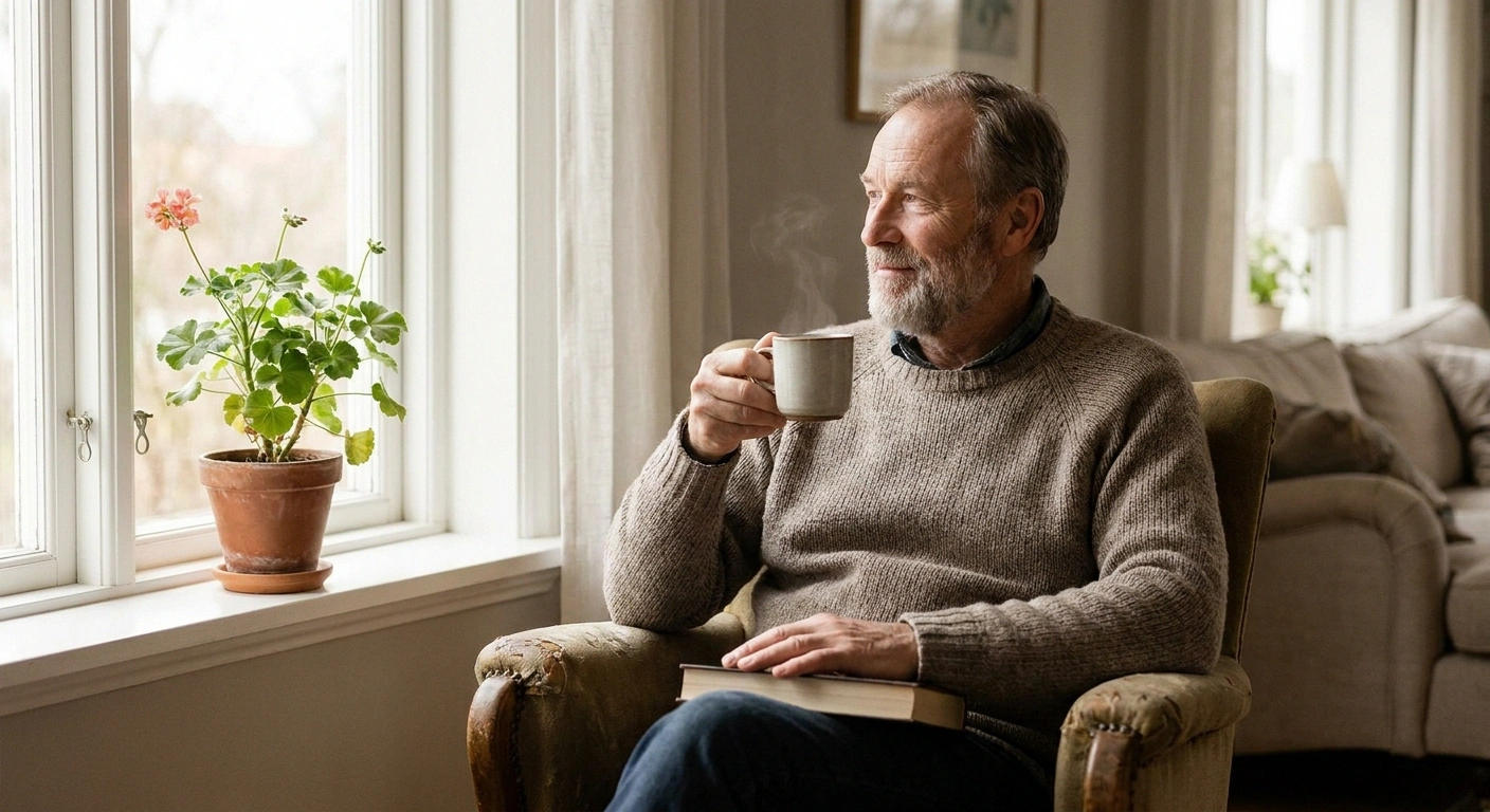 Older man sitting calmly by a window with tea, processing an idiopathic diagnosis without despair