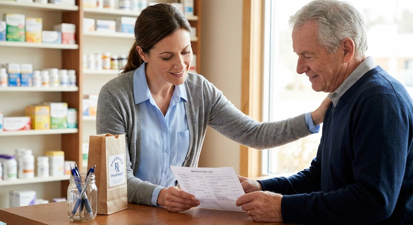 A pharmacist and older patient reviewing a full medication list together at the counter