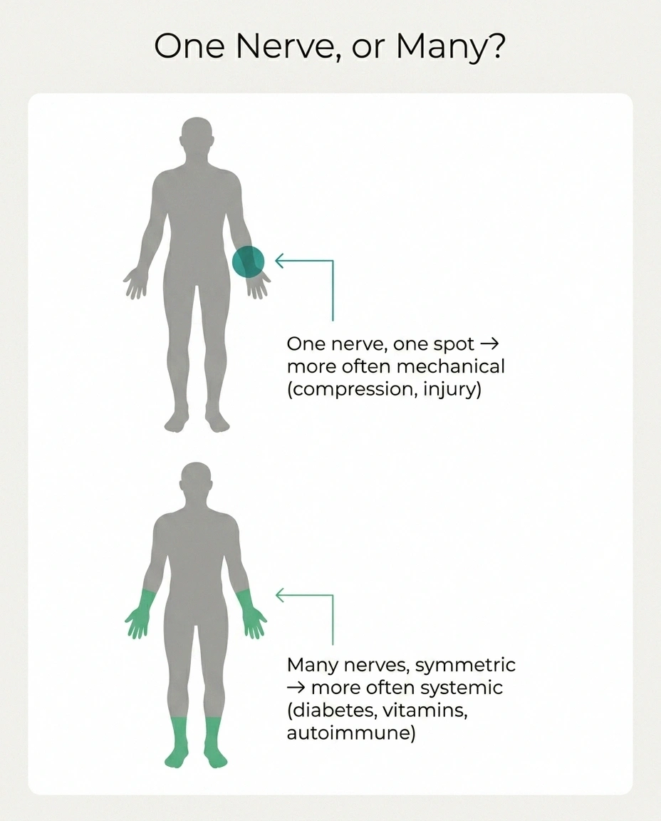 Infographic contrasting a single-nerve mechanical pattern with a symmetric systemic neuropathy pattern