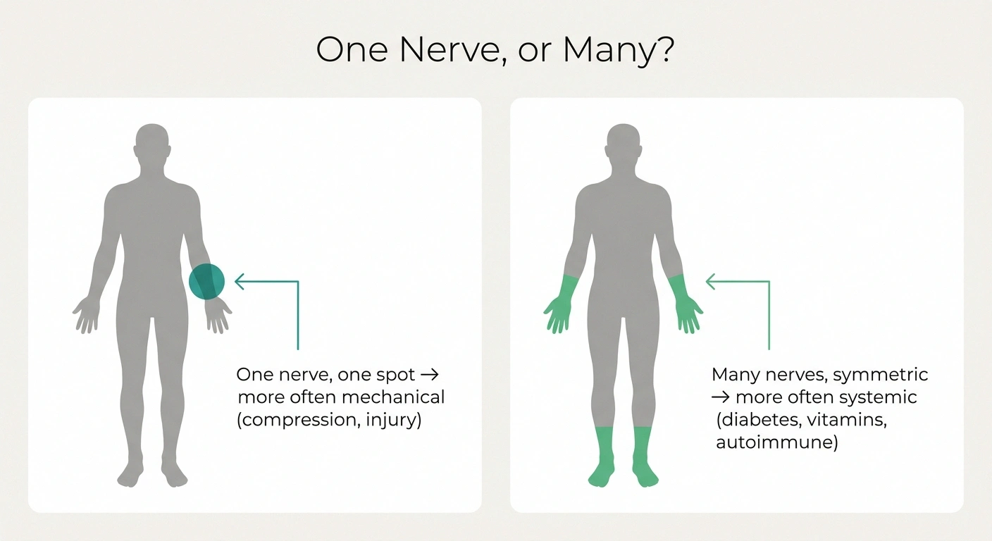 Infographic contrasting a single-nerve mechanical pattern with a symmetric systemic neuropathy pattern