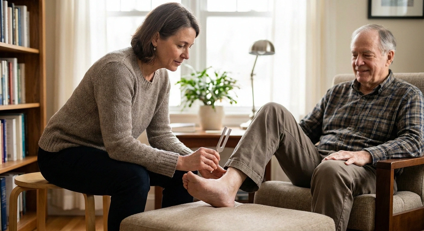 A clinician carefully examining an older patient's foot to read the neuropathy pattern
