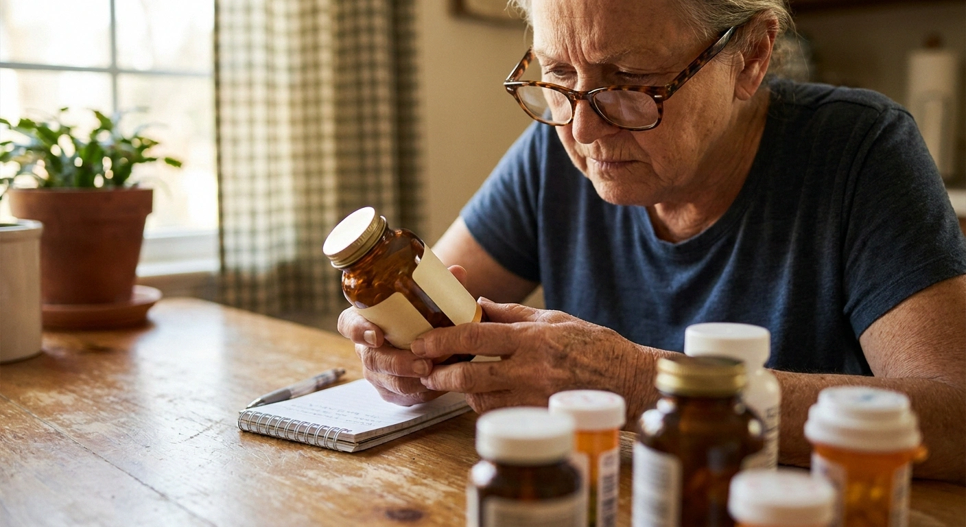 Older woman carefully reviewing supplement bottle labels at a kitchen table