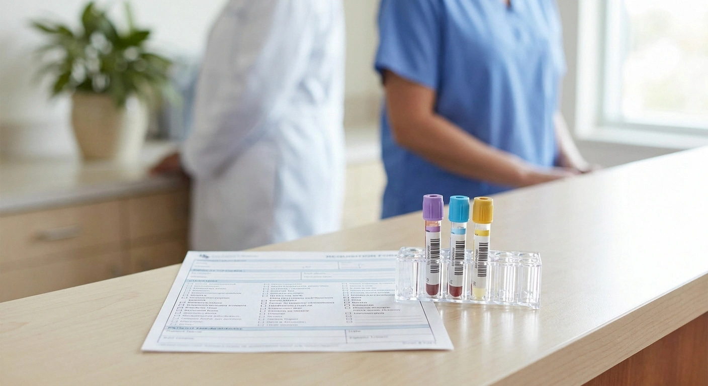 A tidy lab requisition and labeled blood tubes on a clean counter representing routine screening