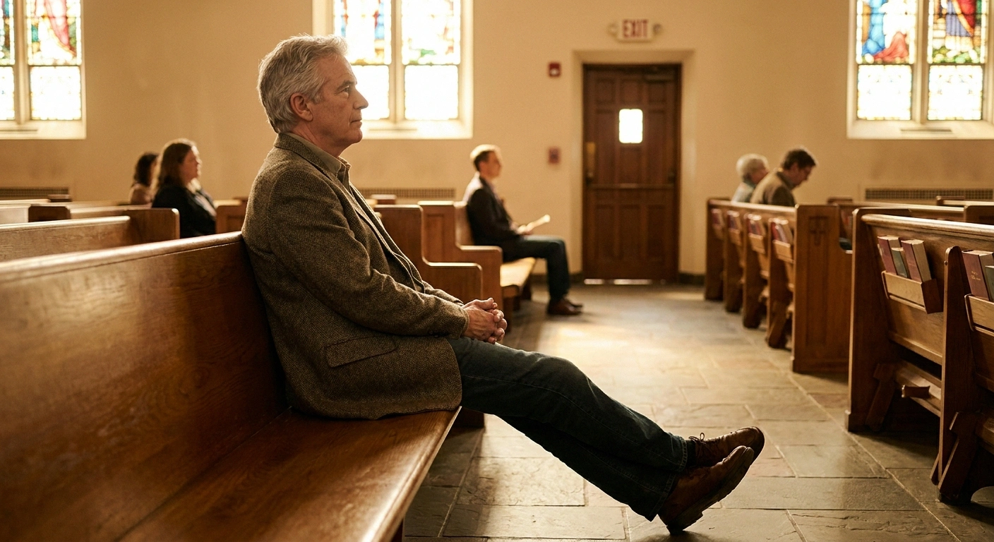 Older man seated on an aisle pew near the back with room to extend his leg, illustrating smart seat strategy
