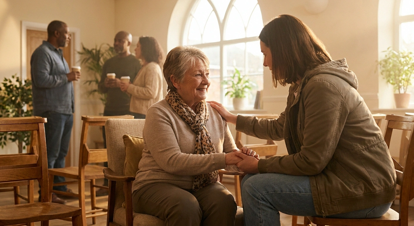 An older woman warmly greeted by a fellow congregant while seated after a service, illustrating belonging over posture