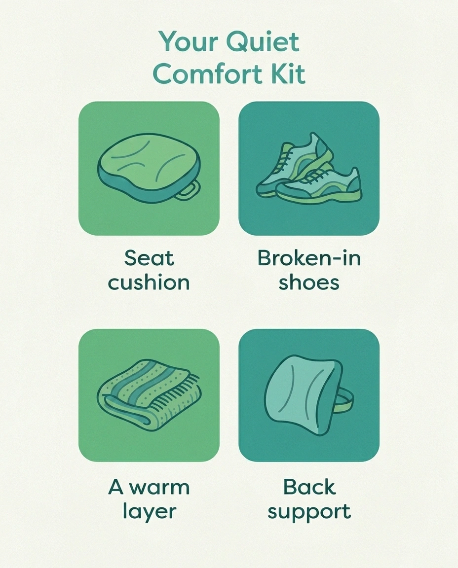 Infographic of a neuropathy comfort kit for worship: seat cushion, supportive shoes, warm layer, and back support