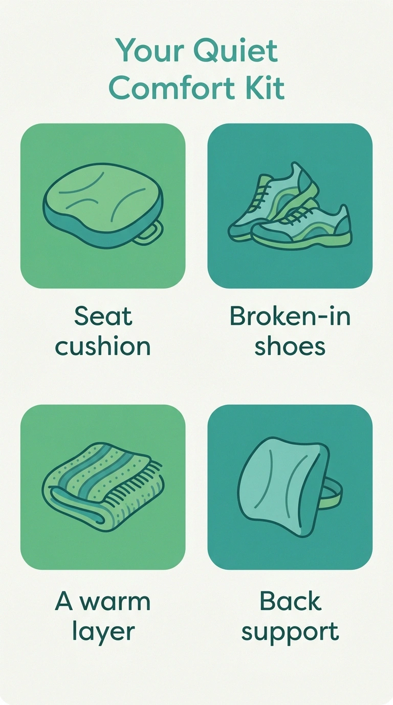 Infographic of a neuropathy comfort kit for worship: seat cushion, supportive shoes, warm layer, and back support