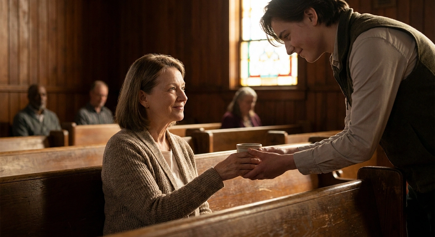 A seated older woman receiving communion brought to her pew by a kind volunteer, illustrating an easy accommodation