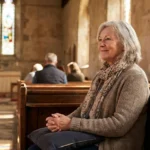 Older woman sitting peacefully on a cushioned pew in a sunlit sanctuary, fully present during a worship service