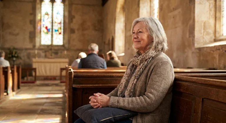 Older woman sitting peacefully on a cushioned pew in a sunlit sanctuary, fully present during a worship service