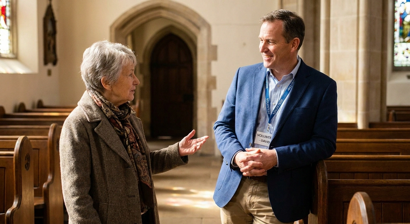Older woman having a brief, friendly conversation with a church usher before a service to arrange seating