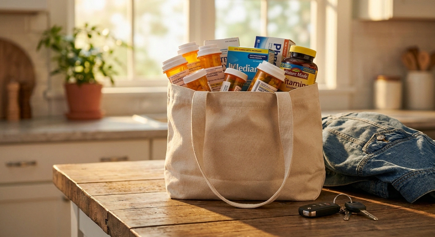 A canvas tote bag full of prescription bottles, OTCs, and supplements ready to take to the pharmacist for a brown-bag review.
